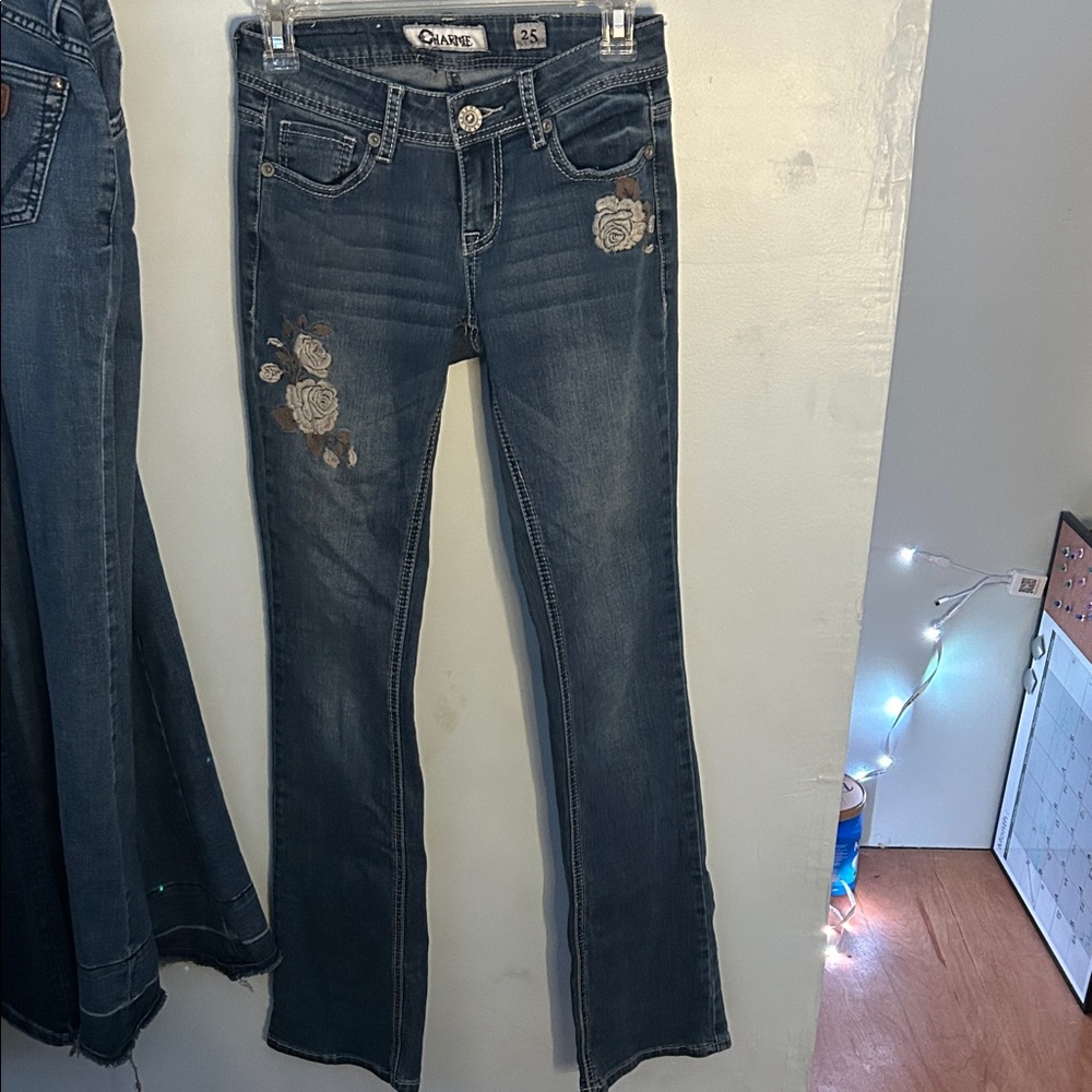 Dark Blue Jeans with Floral Accents